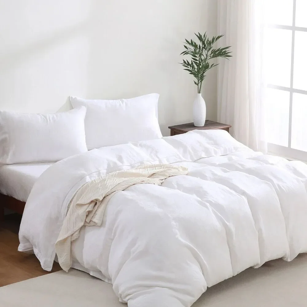 Baloo French Linen Throw 42x72 Duvet Cover White & Standard Shams Set